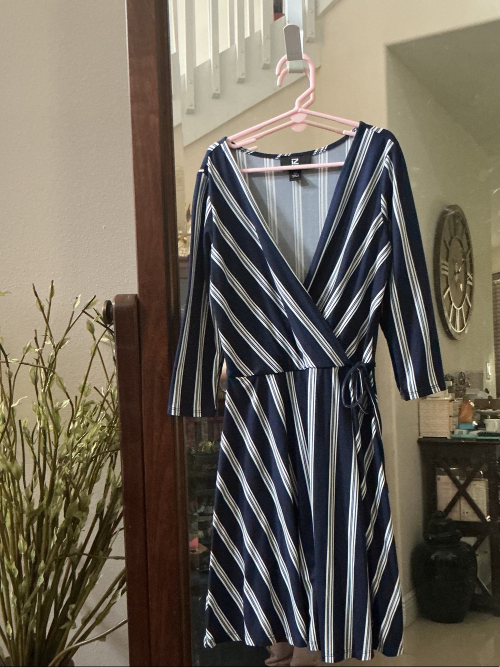 Iz Byer Navy and White Striped Long Sleeve Wrap Dress